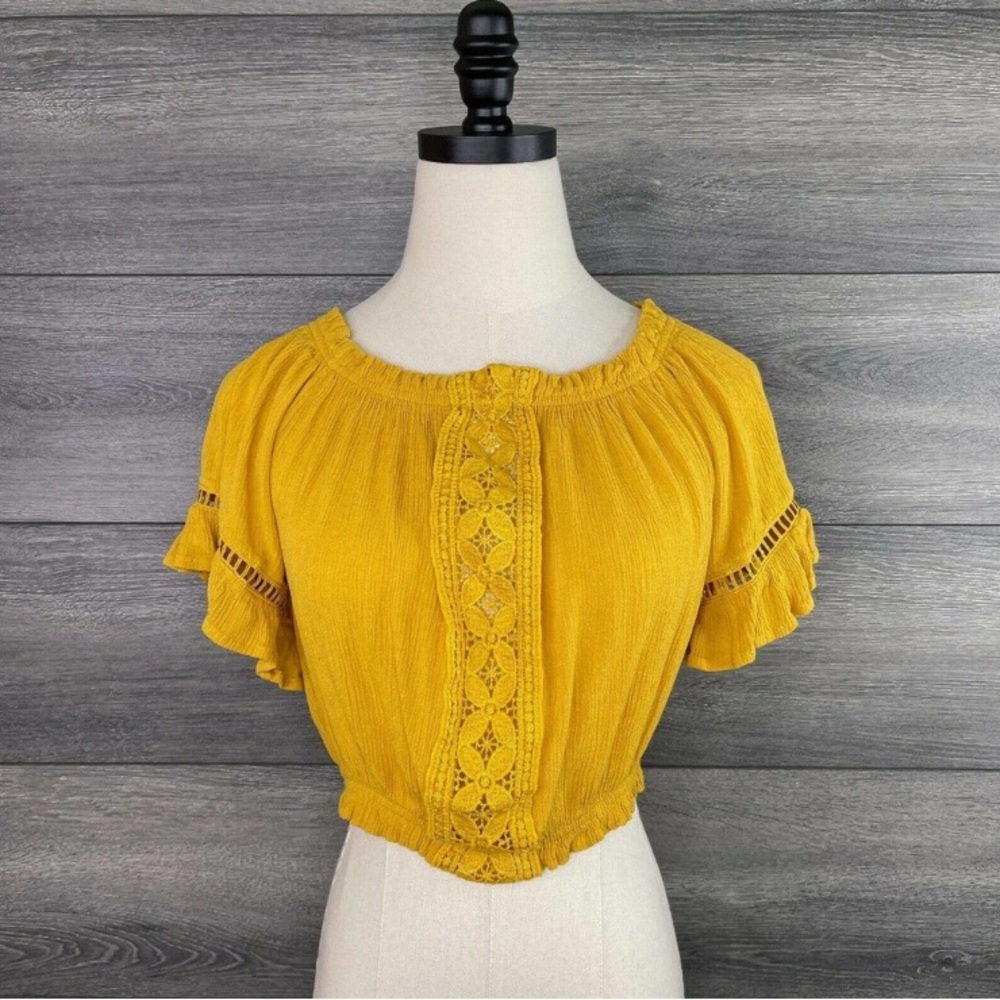 Ambiance Womens Crop Top Size Small Mustard Yellow Ruffle Embroidered Floral